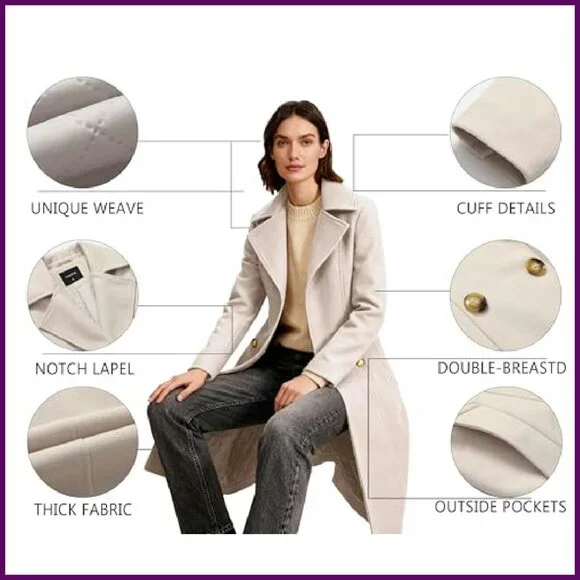 Women's Double-Breasted Peacoat, Notch Lapel, Slim Fit, Over-Knee Length